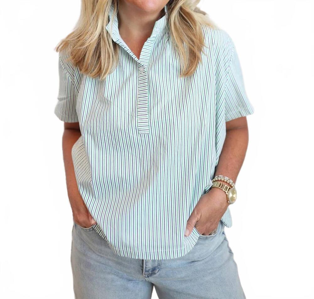 NEW GLAM striped stand collar blouse in green